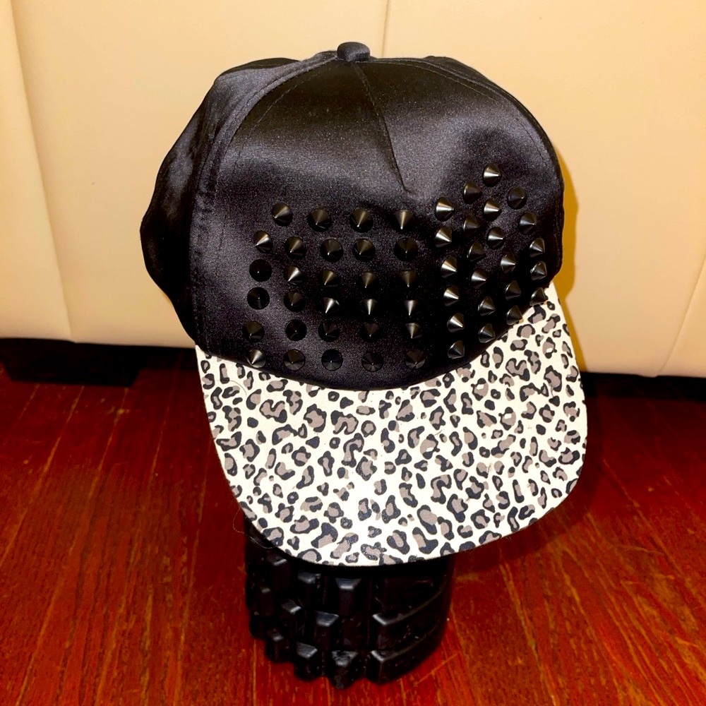 Black and White Leopard Print Studded Hat